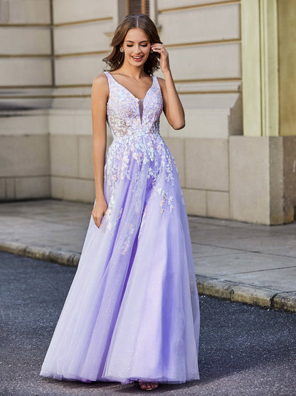 Plunging V-Neck Open Back Tulle Gown Lilac