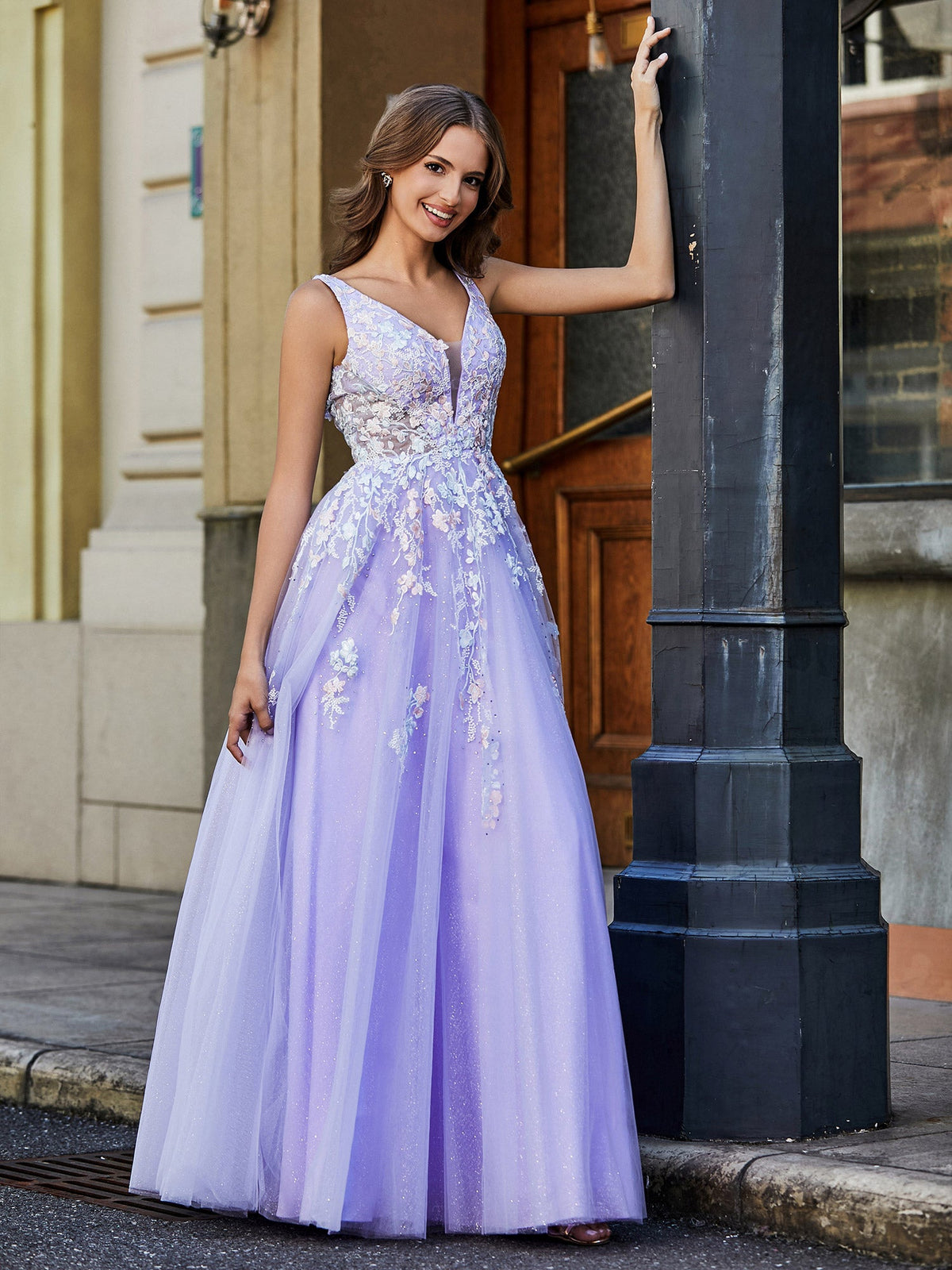 Plunging V-Neck Open Back Tulle Gown Lilac