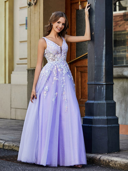 Plunging V-Neck Open Back Tulle Gown Lilac