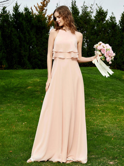 Two Layers Ruffles Bodice Chiffon Dresses Pearl Pink