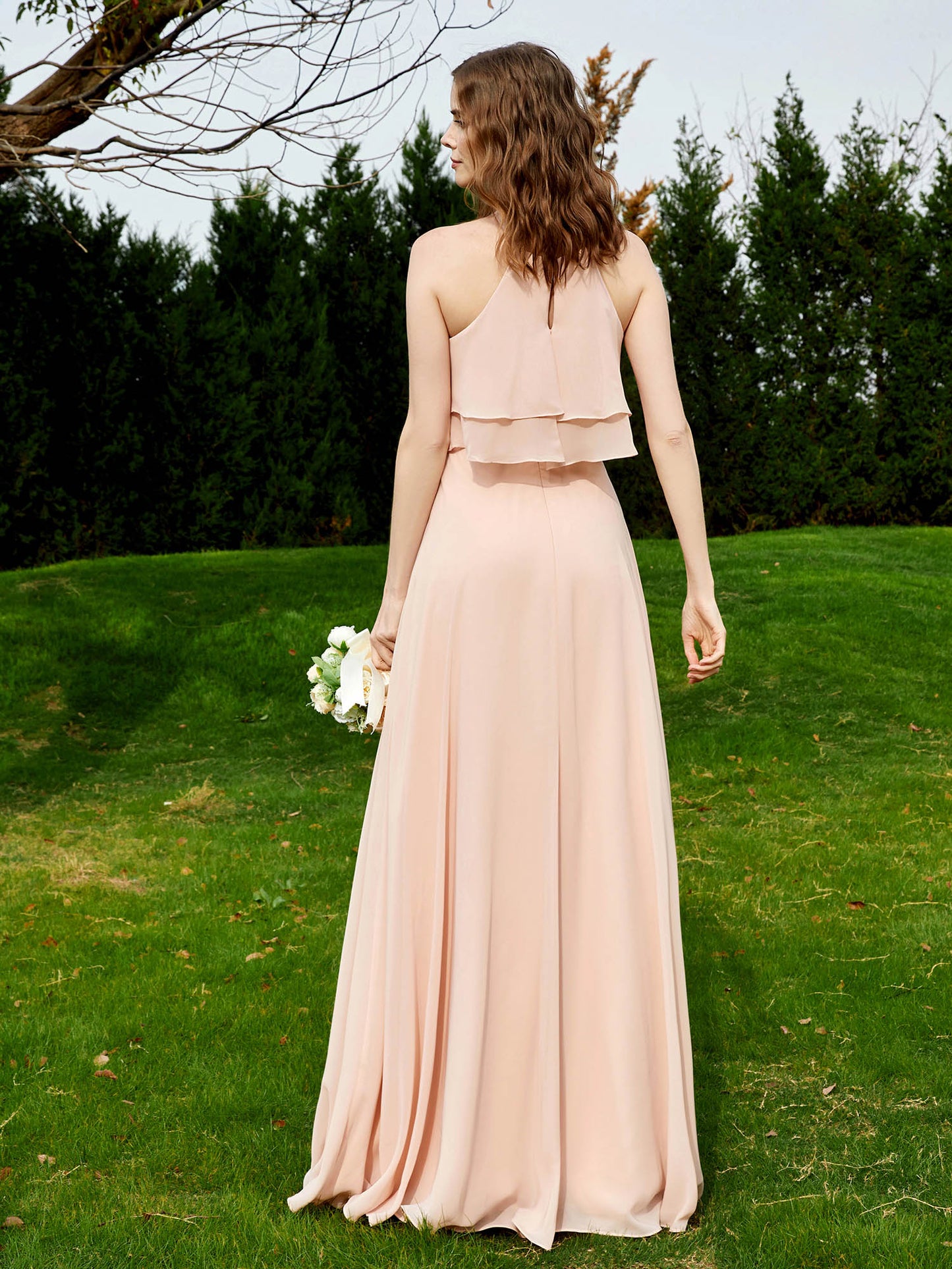Two Layers Ruffles Bodice Chiffon Dresses Pearl Pink