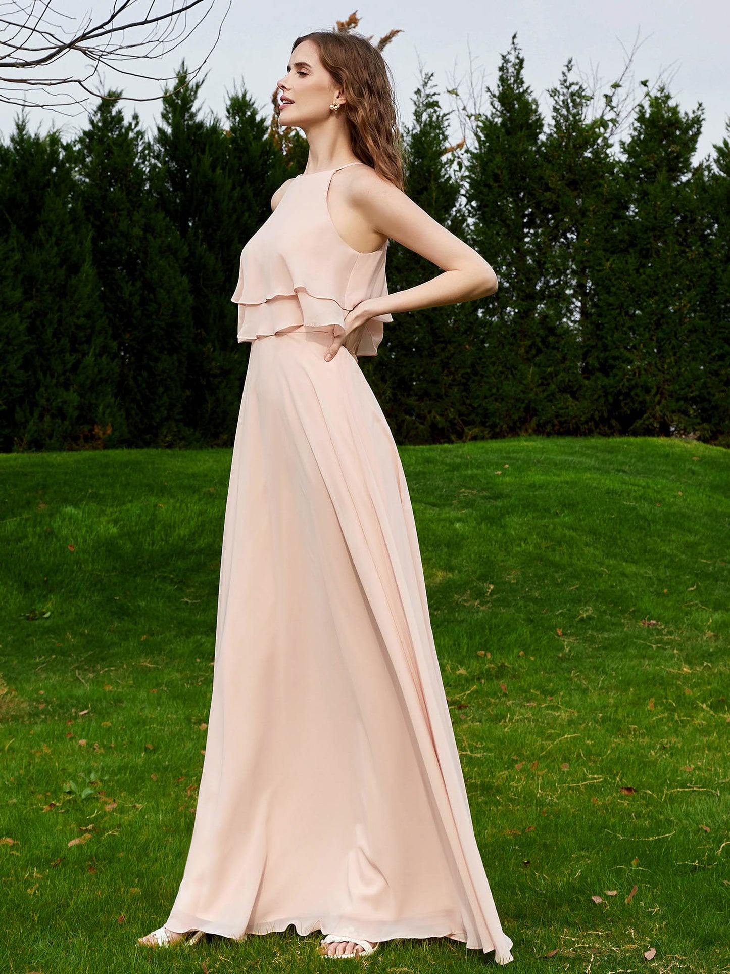Two Layers Ruffles Bodice Chiffon Dresses Pearl Pink