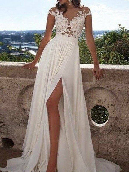 A-Line/Princess Short Sleeves Scoop Sweep/Brush Train Applique Chiffon Dresses - RongMoon