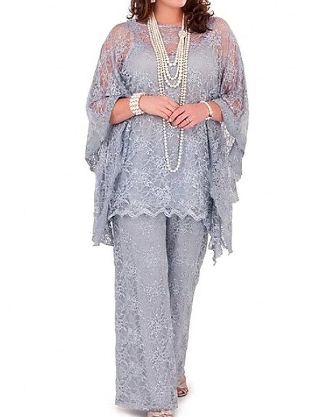 Pantsuit / Jumpsuit Mother of the Bride Dress Elegant Illusion Neck Floor Length Lace Satin Long Sleeve with Lace - RongMoon