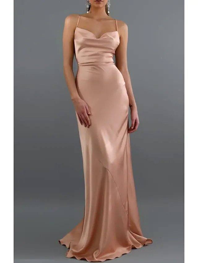 Sheath / Column V Neck / Spaghetti Strap Sweep / Brush Train Charmeuse Bridesmaid Dress with Bandage - RongMoon