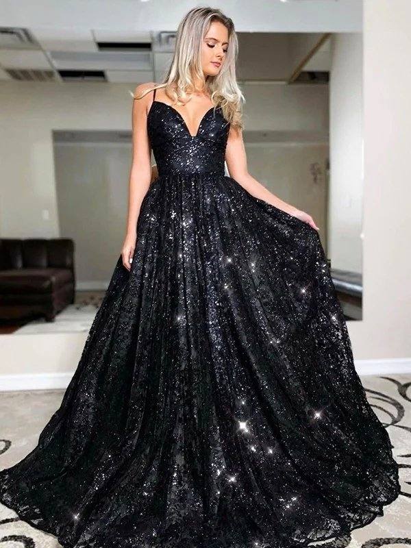 A-Line/Princess Sweep/Brush Train V-neck Sequin Sleeveless Sequins Dresses - RongMoon
