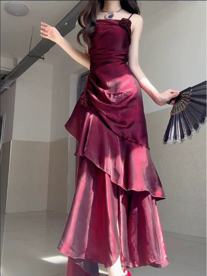 Wine Red Satin Long Straps Prom Dress Wine Red A-line Party Dress SD1360