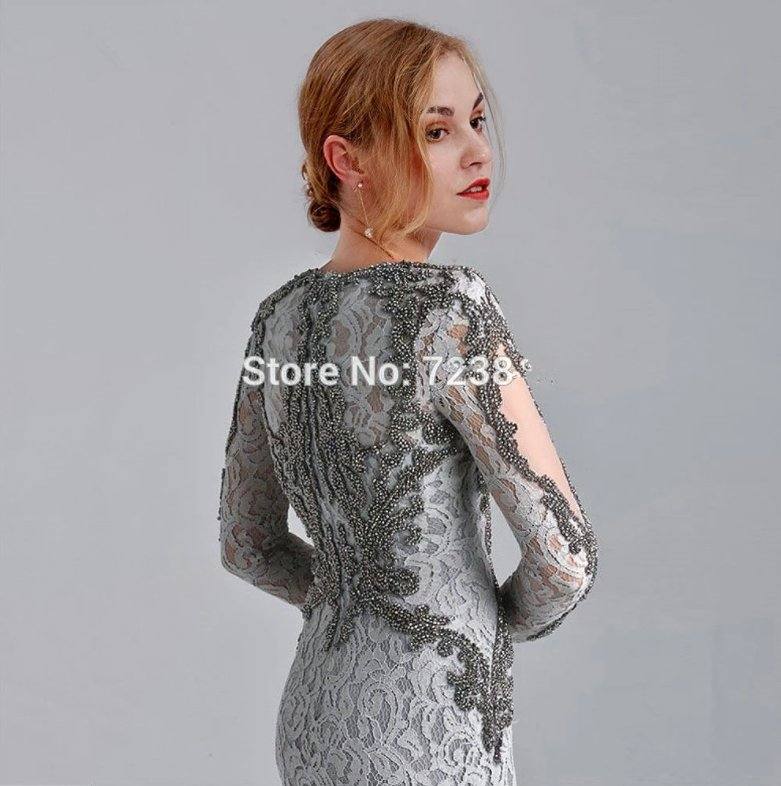 Gray Mother Of The Bride Dresses Mermaid V-neck Long Sleeves Lace Beaded Long Wedding Party Dress Mother Dress For Wedding - RongMoon