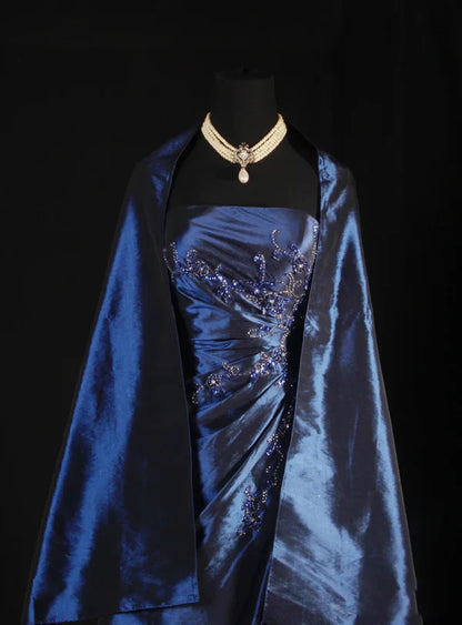 Navy Blue Vintage Elegant Fashion Ball Gown Off Shoulder Long Satin Prom Dress Evening Dress Party Dress gh4246