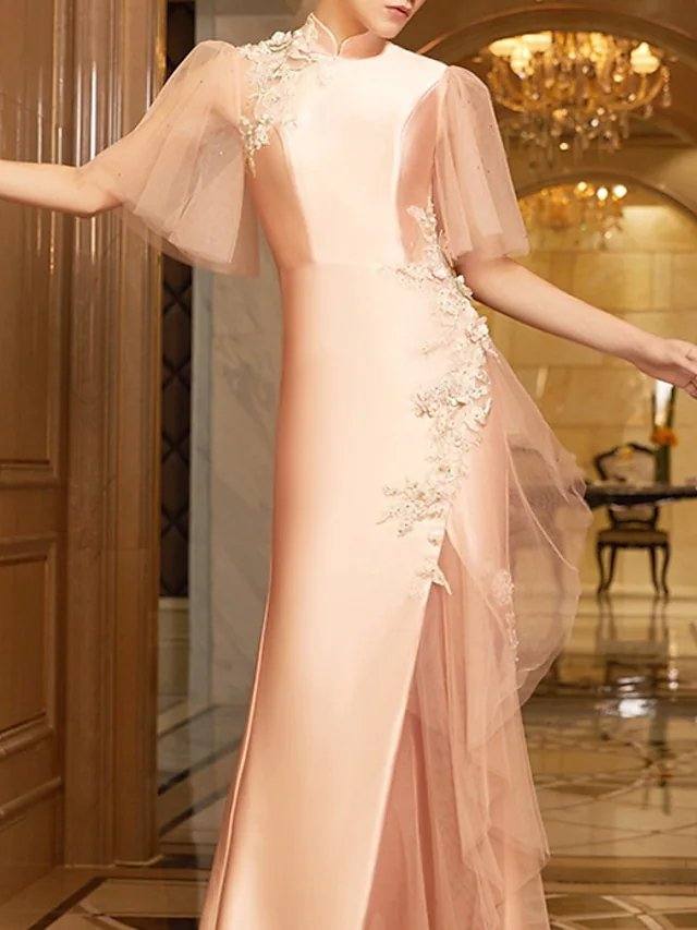 Sheath / Column Minimalist Sexy Engagement Formal Evening Dress Jewel Neck Short Sleeve Floor Length Satin Tulle with Ruffles Split Appliques - RongMoon