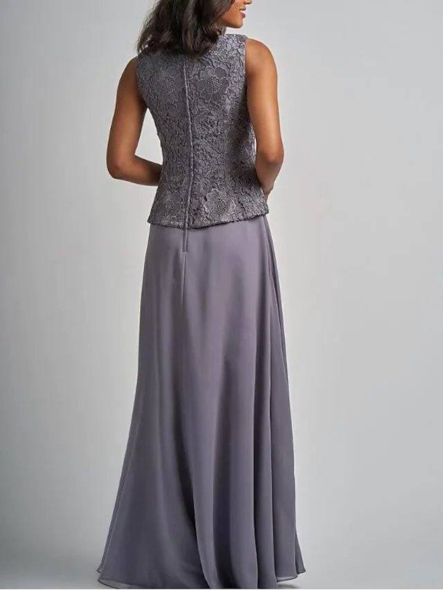 Two Piece A-Line Mother of the Bride Dress Elegant Wrap Included Square Neck Floor Length Chiffon Lace 3/4 Length Sleeve with Appliques - RongMoon