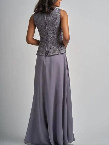 Two Piece A-Line Mother of the Bride Dress Elegant Wrap Included Square Neck Floor Length Chiffon Lace 3/4 Length Sleeve with Appliques - RongMoon