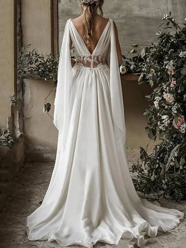 A-Line Wedding Dresses Jewel Neck Chapel Train Chiffon Sleeveless Beach with Pleats Lace Insert - RongMoon