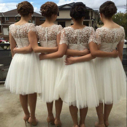 A-line Short Sleeves Knee-length Lace Tulle Bridesmaid Dresses