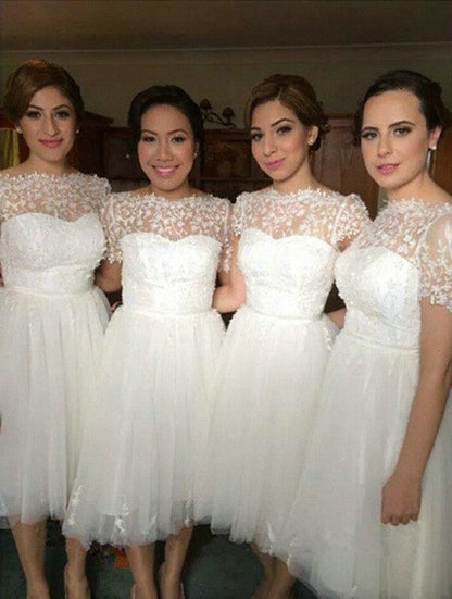A-line Short Sleeves Knee-length Lace Tulle Bridesmaid Dresses