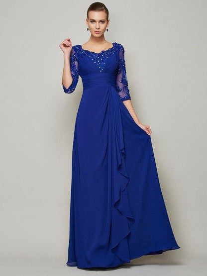 A-Line/Princess Scoop 3/4 Sleeves Lace Long Chiffon Mother of the Bride Dresses - RongMoon