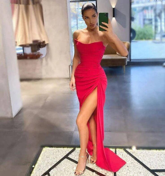Sexy Mermaid Prom Dresses Sleeveless Side Slit Spandex Satin Evening Dresses With Zipper Back - RongMoon