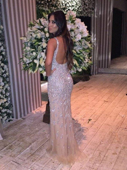 Trumpet/Mermaid Sleeveless V-neck Tulle Crystal Sweep/Brush Train Dresses - RongMoon
