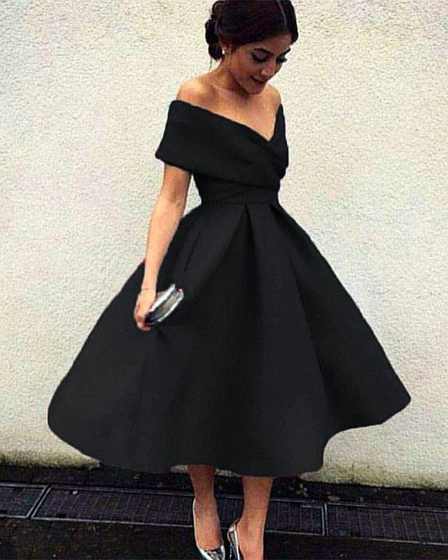 Vintage 1950s Style V-neck Off The Shoulder Tea Length Ball Gowns Party Dresses - RongMoon