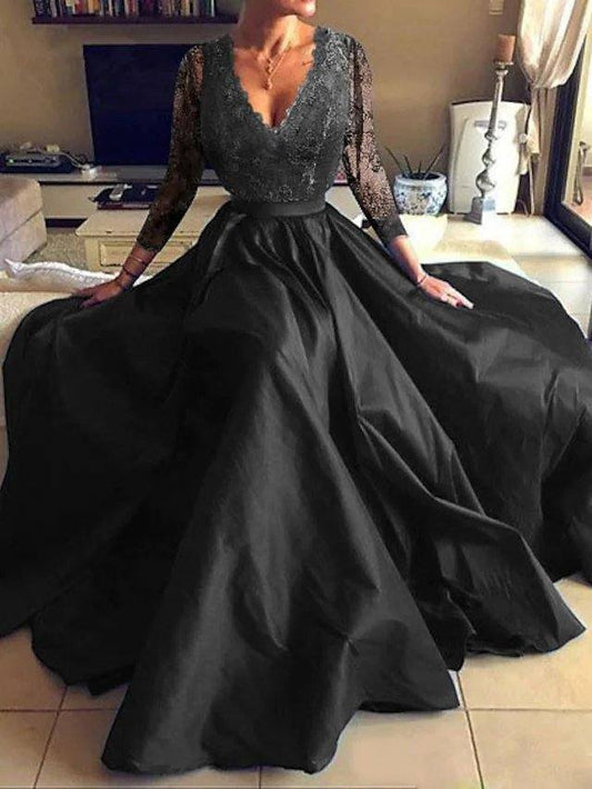 A-Line Luxurious Elegant Party Wear Formal Evening Dress V Neck Long Sleeve Floor Length Tulle with Pleats Appliques - RongMoon