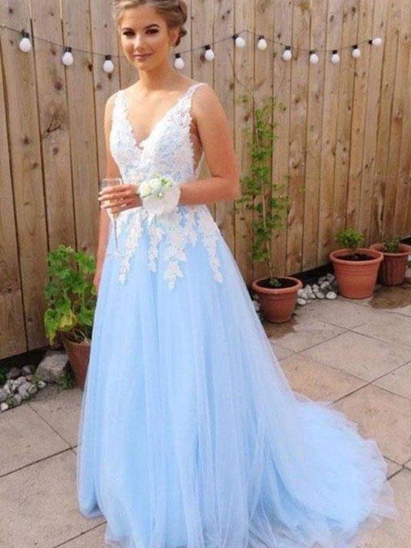 A-Line/Princess V-neck Sleeveless Sweep/Brush Train Applique Tulle Dresses - RongMoon