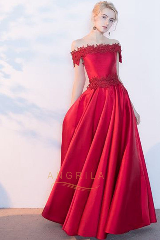 A-line Off-the-shoulder Satin Long Homecoming Dresses
