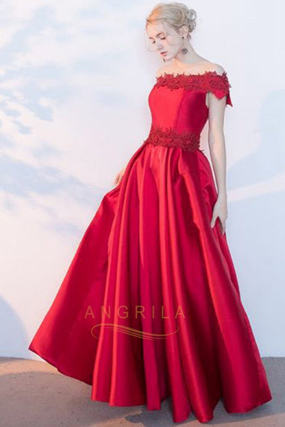 A-line Off-the-shoulder Satin Long Homecoming Dresses