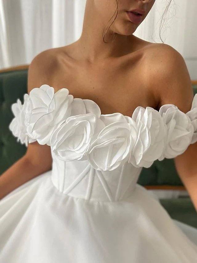 A-Line Elegant Floral Engagement Prom Dress Off Shoulder Sleeveless Sweep / Brush Train Organza with Sleek - RongMoon
