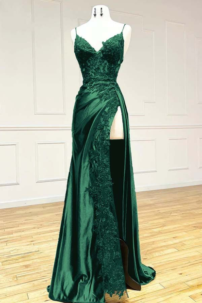 Elegant Burgundy Satin Appliques Evening Dress Slit Prom Party Dress cc1795