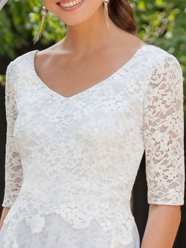 A-Line Mother of the Bride Dress Elegant V Neck Knee Length Lace Tulle Half Sleeve with Pleats Embroidery - RongMoon