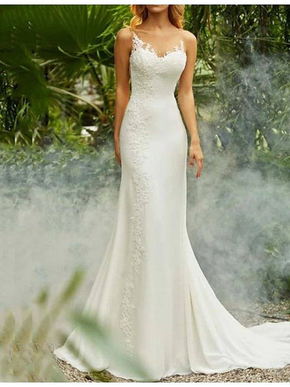 Mermaid / Trumpet Wedding Dresses V Neck Sweep / Brush Train Chiffon Spaghetti Strap Mordern Backless with Lace Insert - RongMoon
