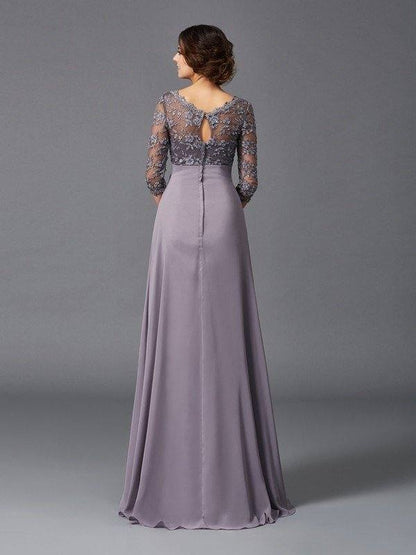A-Line/Princess V-neck Lace 3/4 Sleeves Long Chiffon Mother of the Bride Dresses - RongMoon