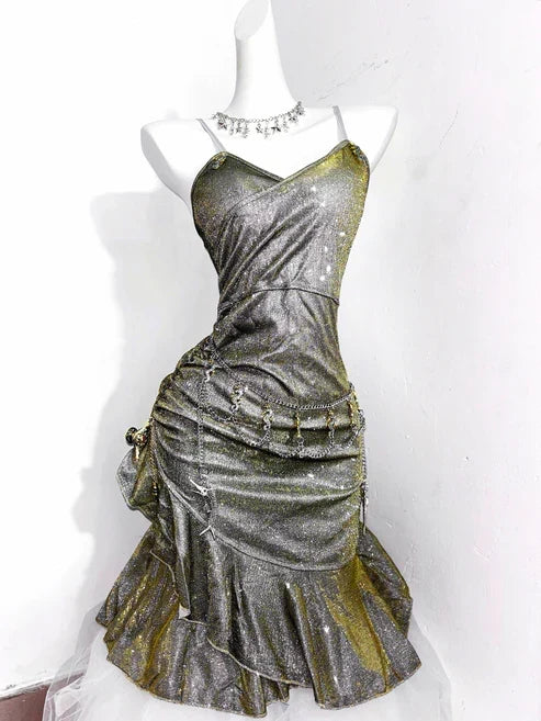 Vintage Green Spaghetti Strap Ruffled Hem Hem Short 16th Birthday Party Dress Homecoming Dress HZ1024