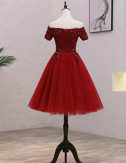 Tulle Dark Red Off The Shoulder Knee Length Homecoming Dress, Red Party Dress c2621