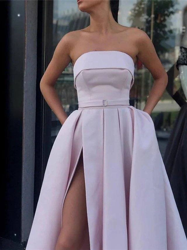 A-Line Minimalist Sexy Wedding Guest Prom Dress Strapless Sleeveless Floor Length Lace Tulle with Pleats Split - RongMoon