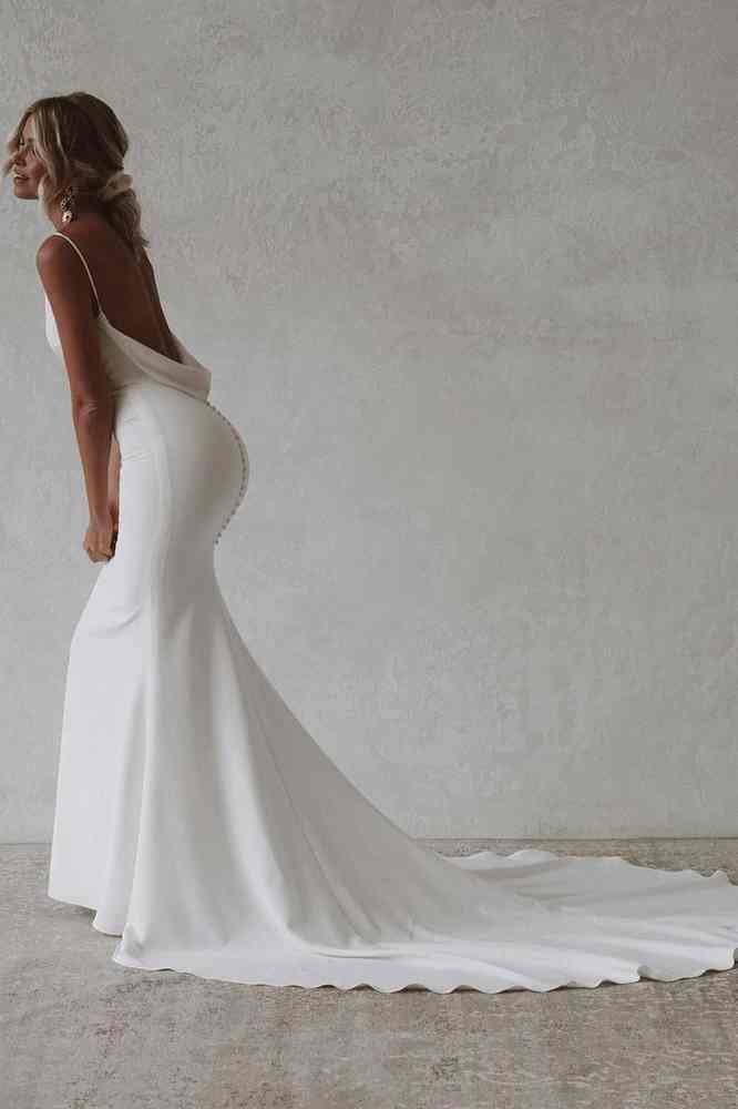 Classy Elegant V-Neck Mermaid Backless Satin Long Wedding Dress