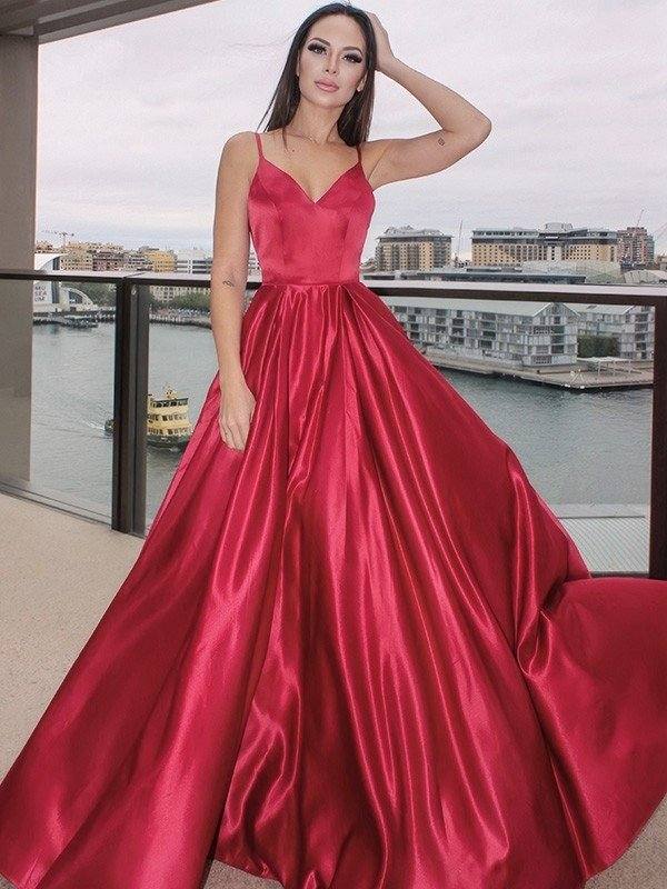 A-Line/Princess Sleeveless Ruffles V-neck Satin Floor-Length Dresses - RongMoon