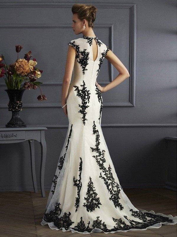 Trumpet/Mermaid High Neck Short Sleeves Applique Long Organza Mother of the Bride Dresses - RongMoon