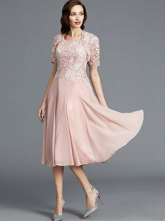 A-Line/Princess Sleeveless Scoop Tea-Length Chiffon Mother of the Bride Dresses - RongMoon