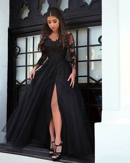 Tulle Formal Dresses Leg Slit Appliques Sleeves - RongMoon
