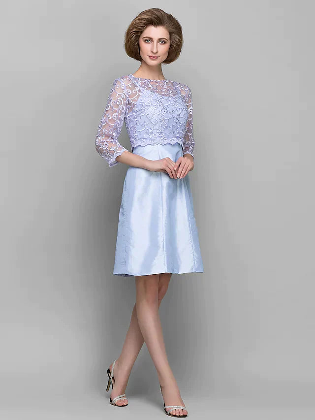 Mother of the Bride Dress Convertible Dress Bateau Neck Knee Length Lace Taffeta Length Sleeve with Lace