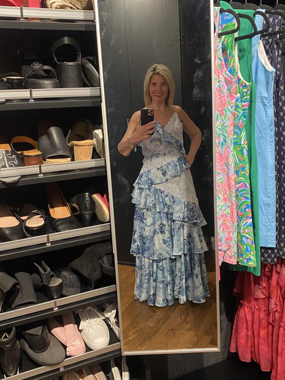 Vintage Blue Satin Print Tiered Ruffles A Line party Dress,Spaghetti Straps Prom Evening Dress cc2894