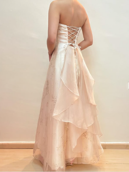 Champagne Strapless Tulle Sequins Party Dress A Line Evening Dress cc2617
