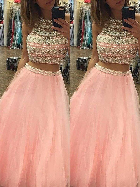 A-Line/Princess Halter Sleeveless Tulle Floor-Length Beading Two Piece Dresses - RongMoon