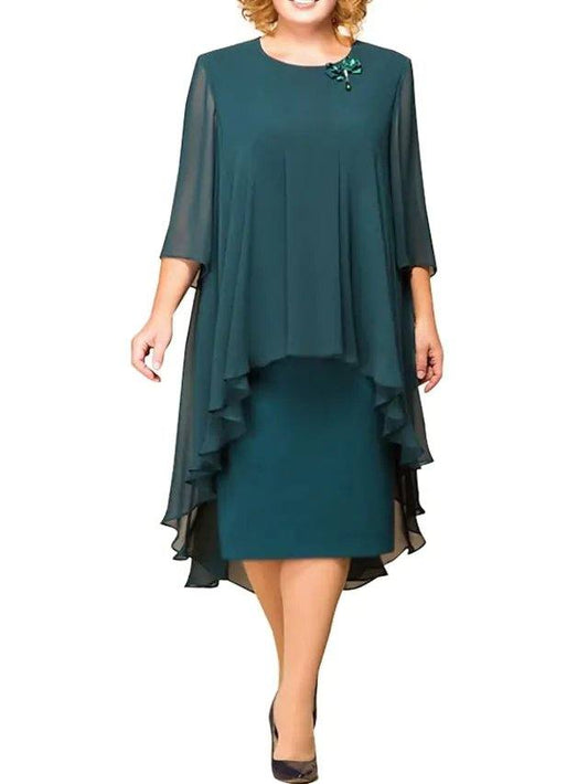 Sheath / Column Mother of the Bride Dress Plus Size Jewel Neck Knee Length Chiffon 3/4 Length Sleeve with Ruffles Ruching - RongMoon