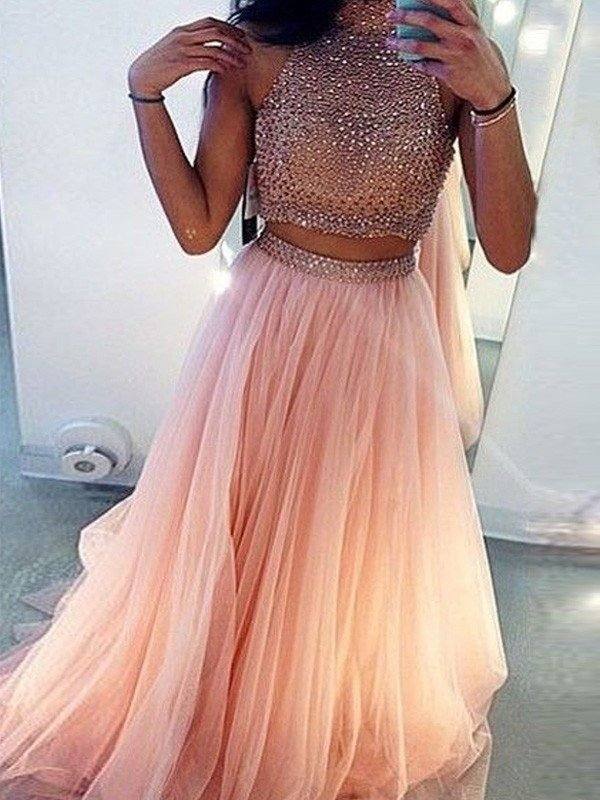 A-Line/Princess Sleeveless High Neck Tulle Beading Sweep/Brush Train Two Piece Dresses - RongMoon