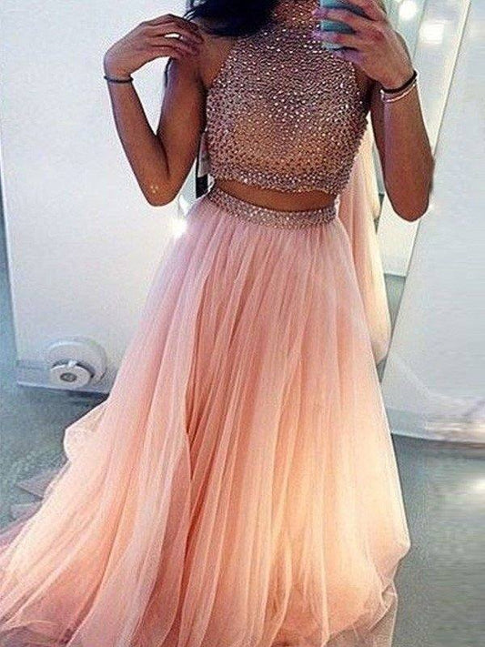 A-Line/Princess Sleeveless High Neck Tulle Beading Sweep/Brush Train Two Piece Dresses - RongMoon