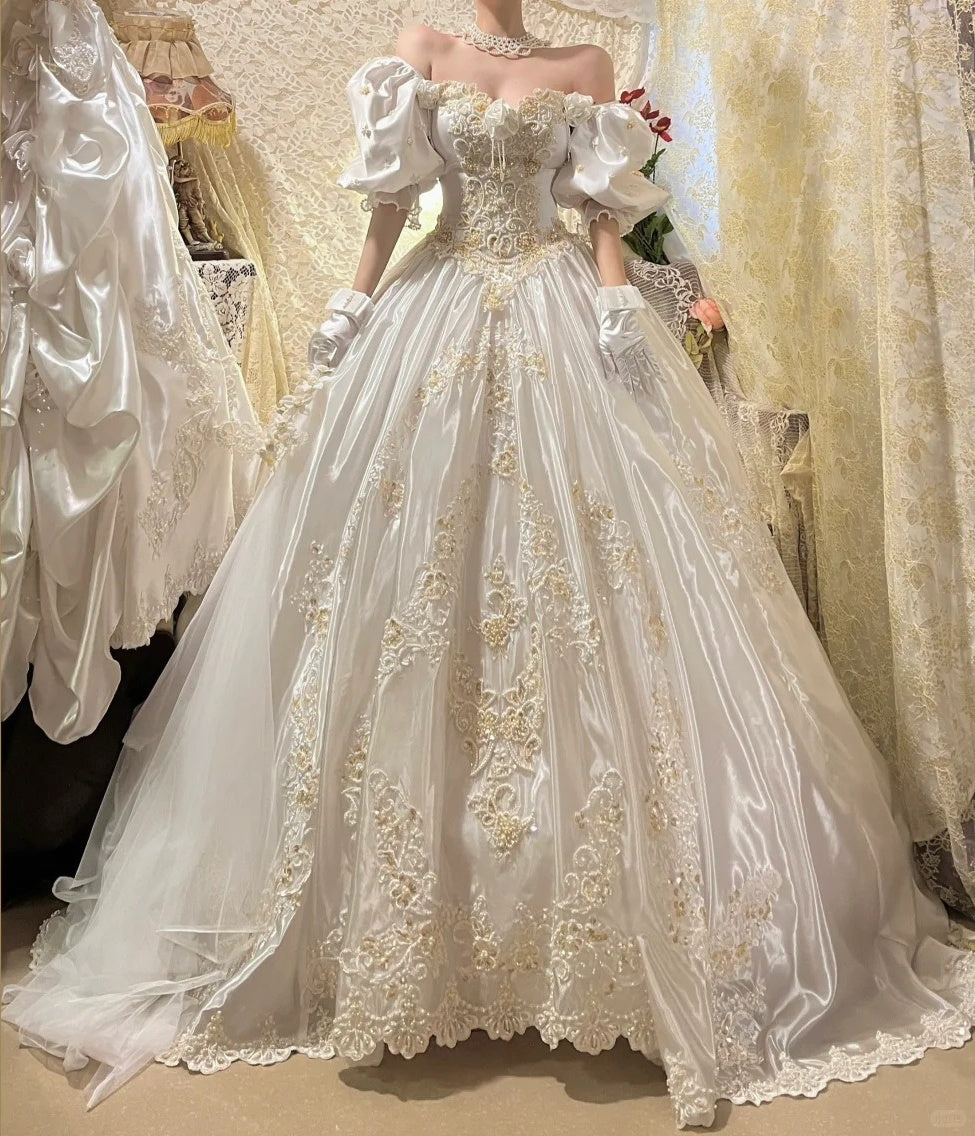 🎻Ivory white gorgeous beaded retro classical oil painting aristocratic girl handmade pearls and embroidery long floor-length satin ball gown evening dress wedding dress gh4543