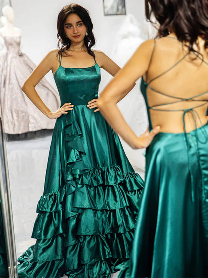 Backless A Line Red/Green Satin Ruffle Long Prom Dress with Split, Long Red/Green Formal Graduation Evening Dress A2135