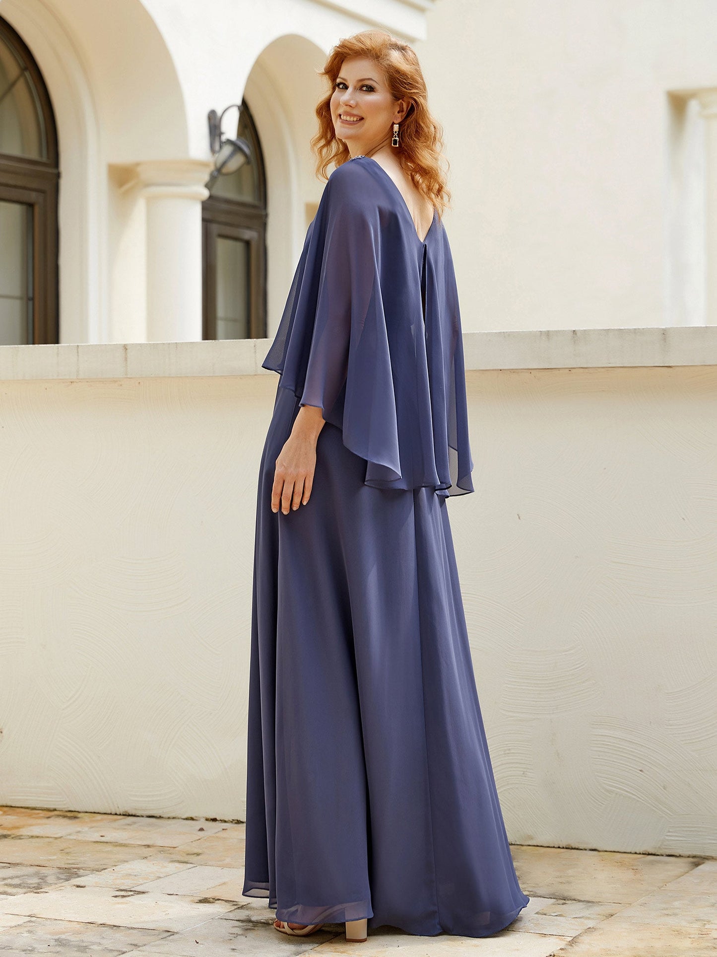A-Line Flutter Cape Sleeves Dress with Beaded V-neck-Stormy